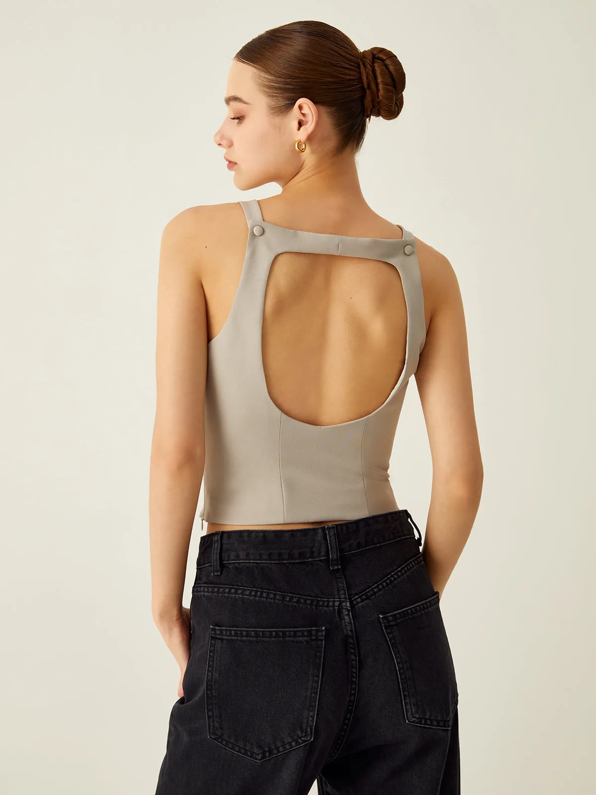 Solid Cutout Backless Tank Top sold by COMMENSE