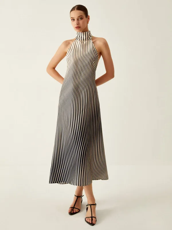 Striped Halter Backless Midi Dress sold by COMMENSE