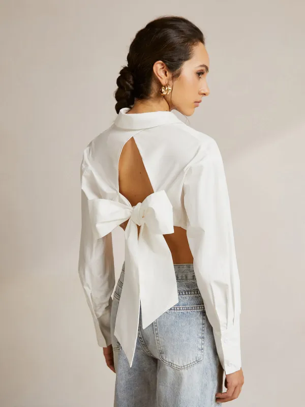 Long Sleeve Backless Bow Shirt sold by COMMENSE