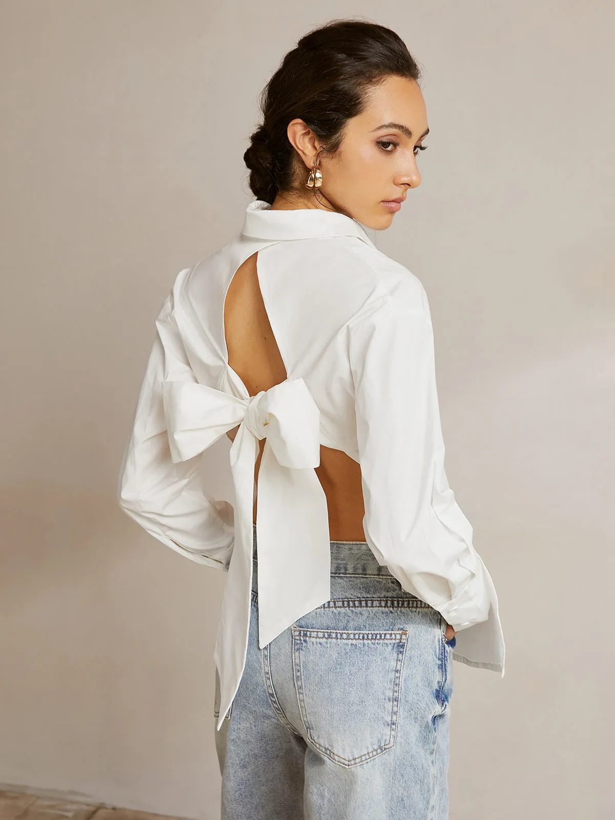 Long Sleeve Backless Bow Shirt sold by COMMENSE product image thumbnail 3