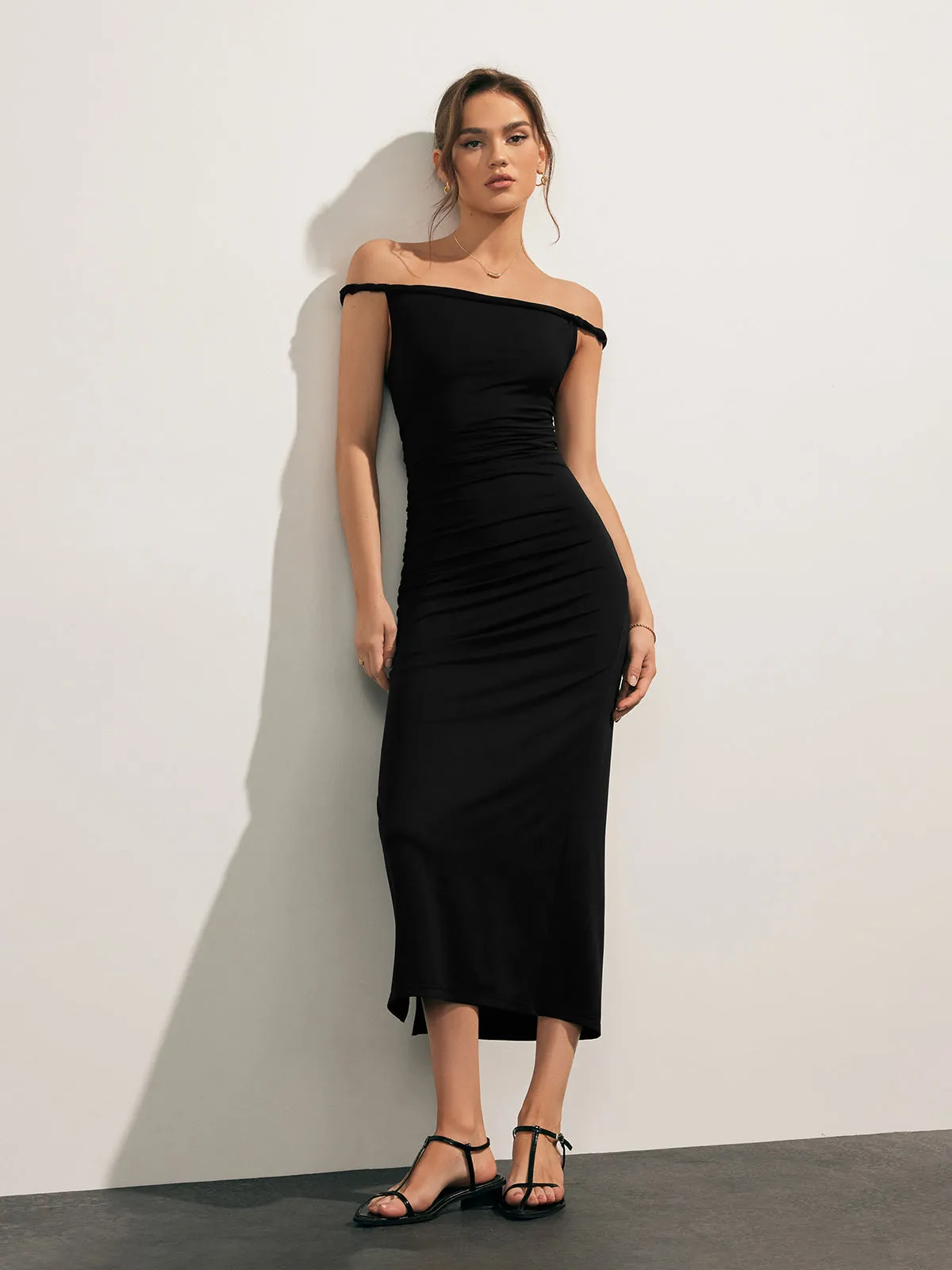 Off Shoulder Pleated Long Dress sold by COMMENSE product image thumbnail 4