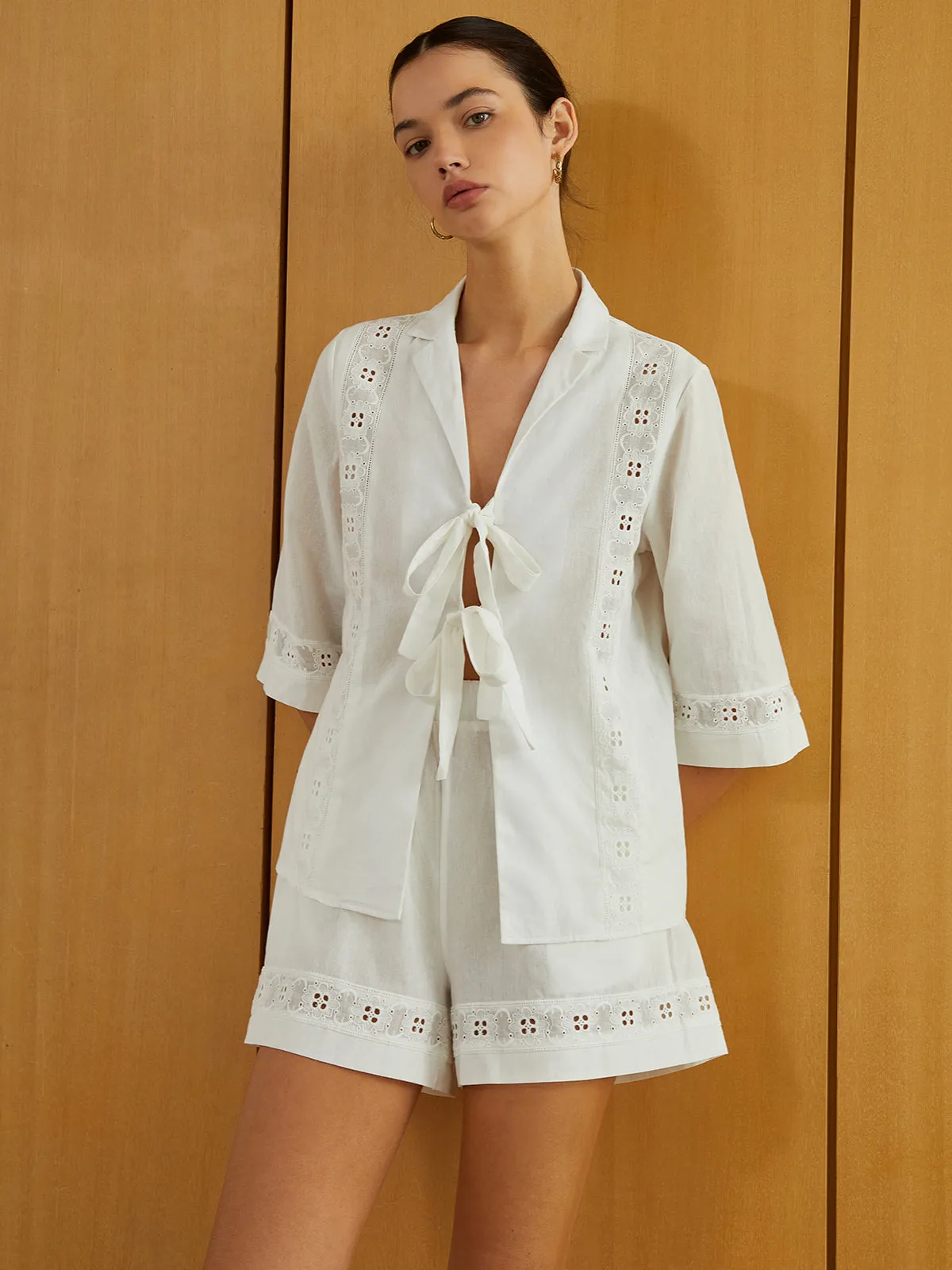 Knotted Cutout Half Sleeve Top With Shorts Set sold by COMMENSE product image thumbnail 4