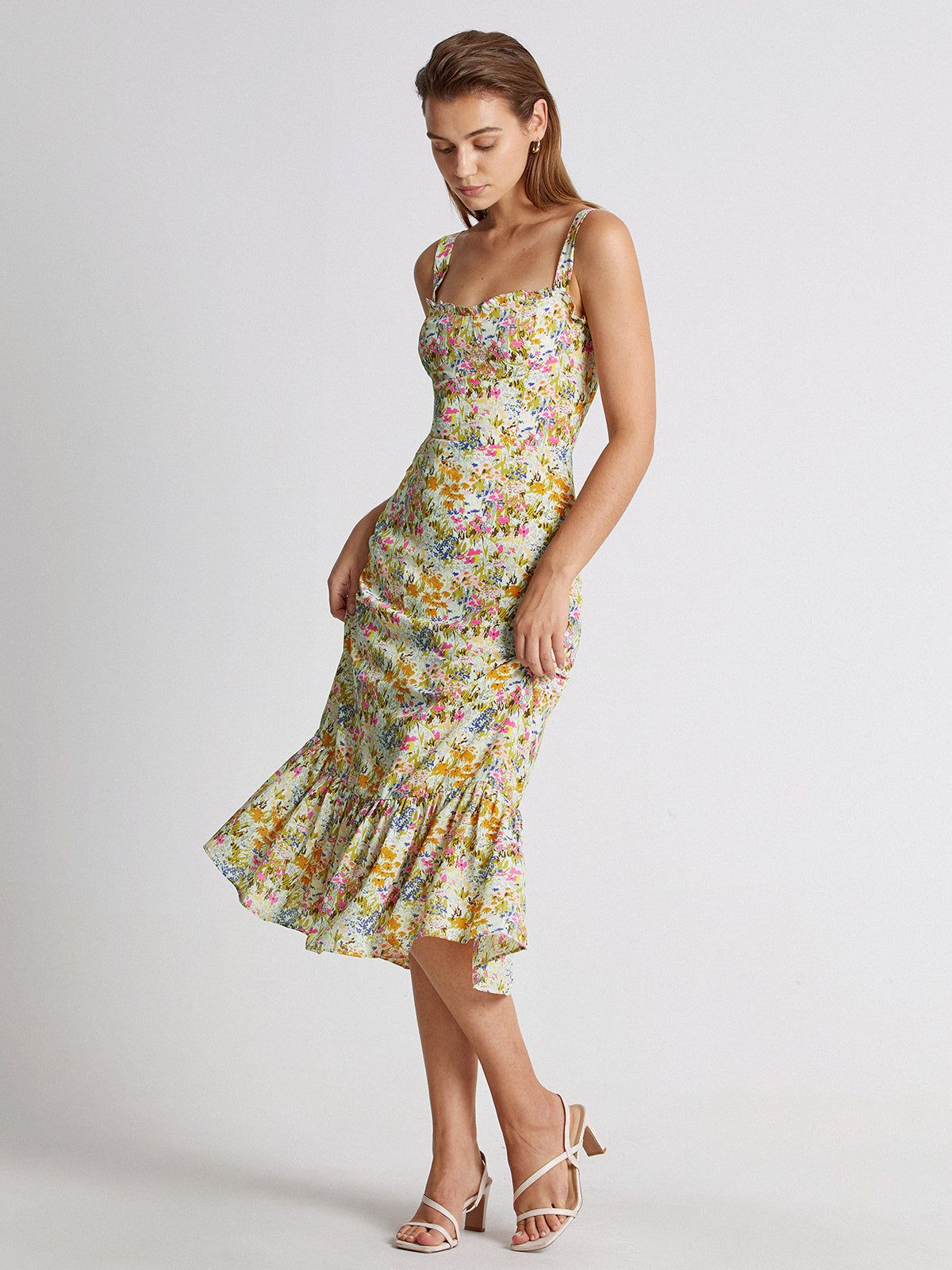 Sweetheart Floral Garden Ruffle Hem Midi Strap Dress sold by COMMENSE