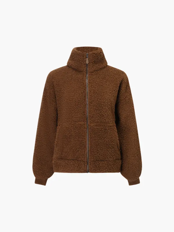 Caramel Stand Collar Fleece Jacket made by COMMENSE