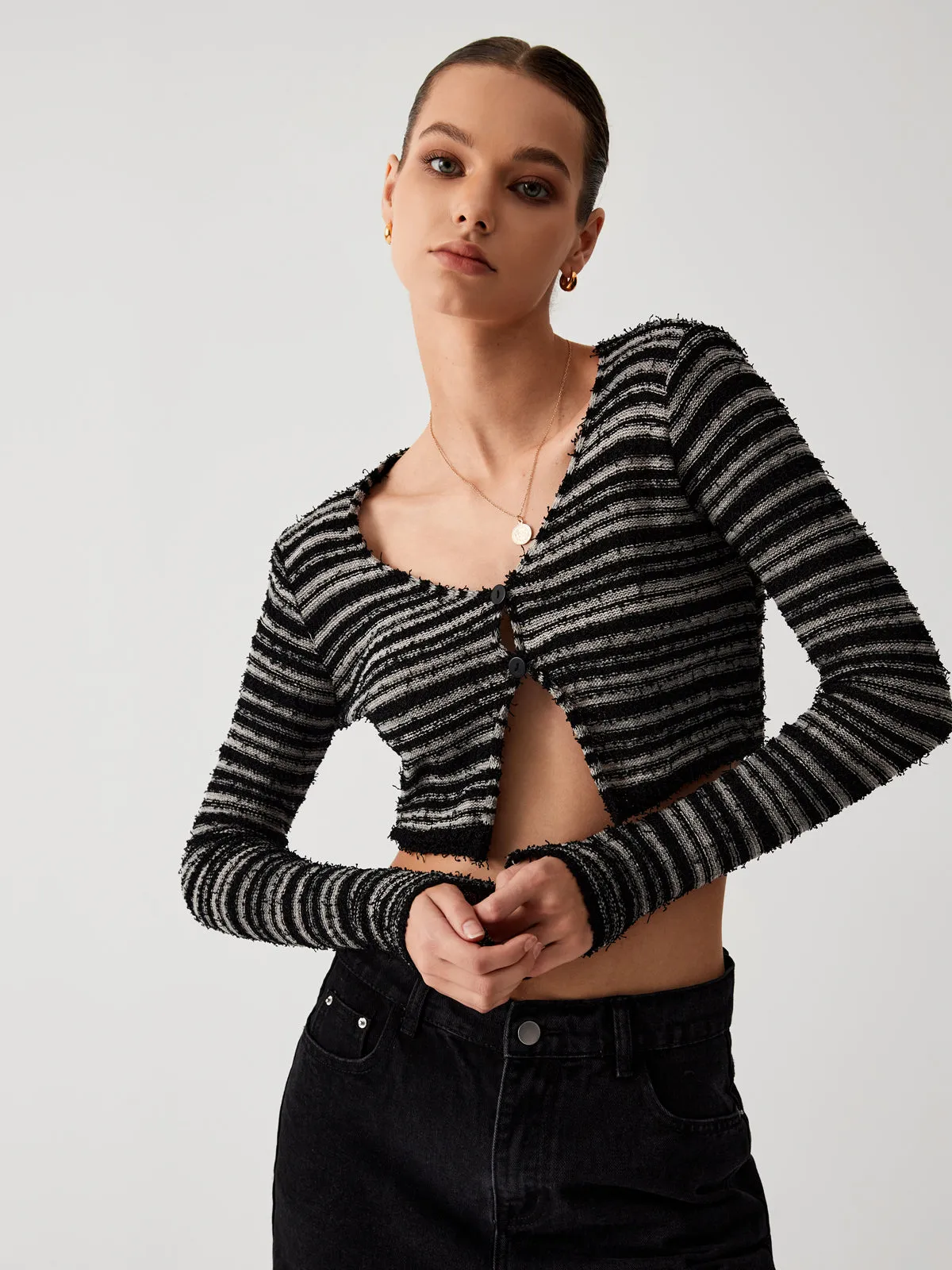 Stripe Fuzzy Fly Away Crop Cardigan sold by COMMENSE