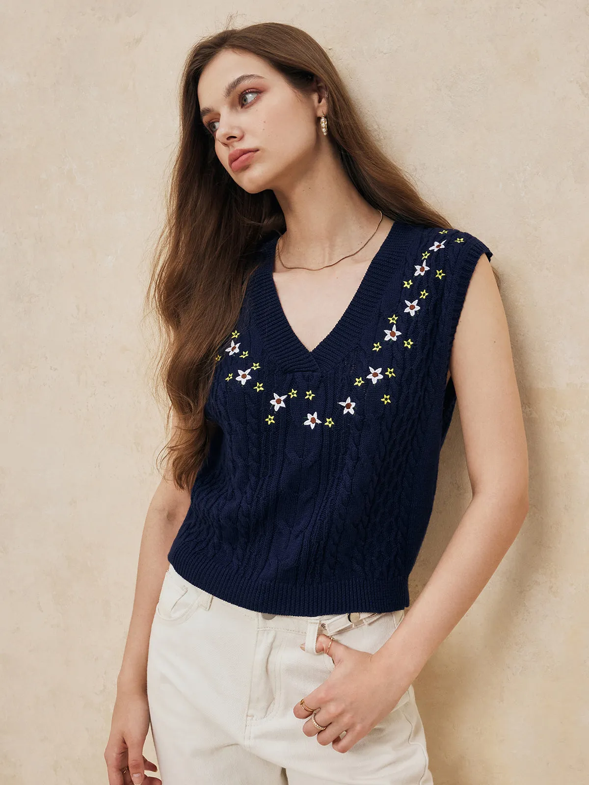 Embroidery Floral Sweater Vest sold by COMMENSE product image thumbnail 3