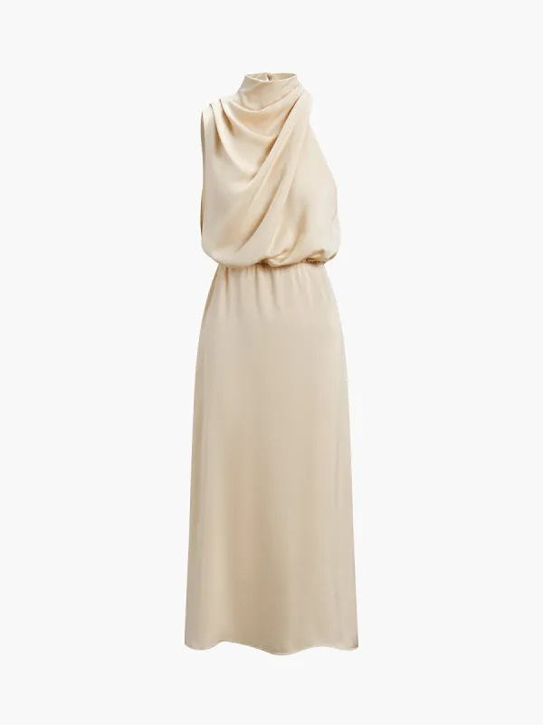 Cowl Neck Ruched Satin Long Dress sold by COMMENSE