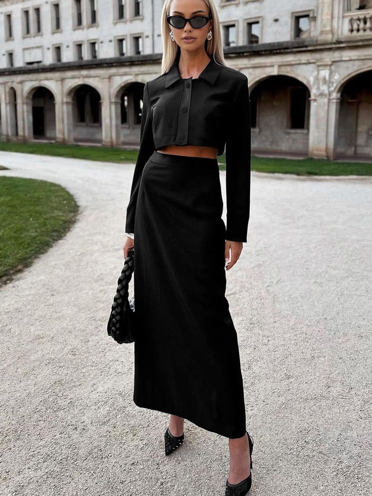 Long Sleeve Short Blouse With High-Waist Elastic Skinny Long Skirt Set sold by COMMENSE product image thumbnail 5