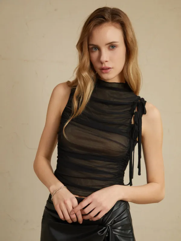 Sheer Tie Neck Pleated Tank Top sold by COMMENSE