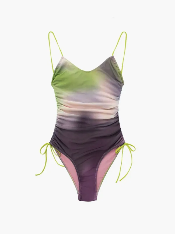 Tie Dye Drawstring One Piece Swimsuit sold by COMMENSE