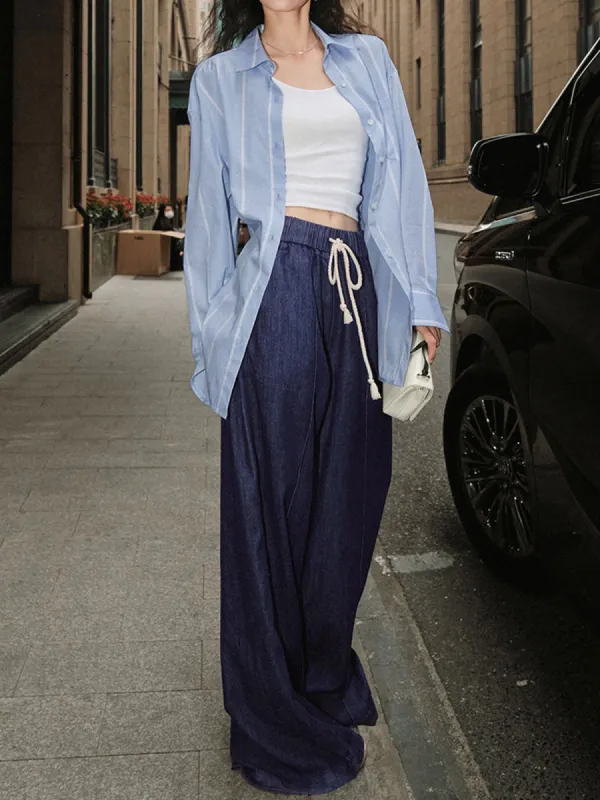 Street Drawstring Denim Wide Leg Jeans sold by COMMENSE