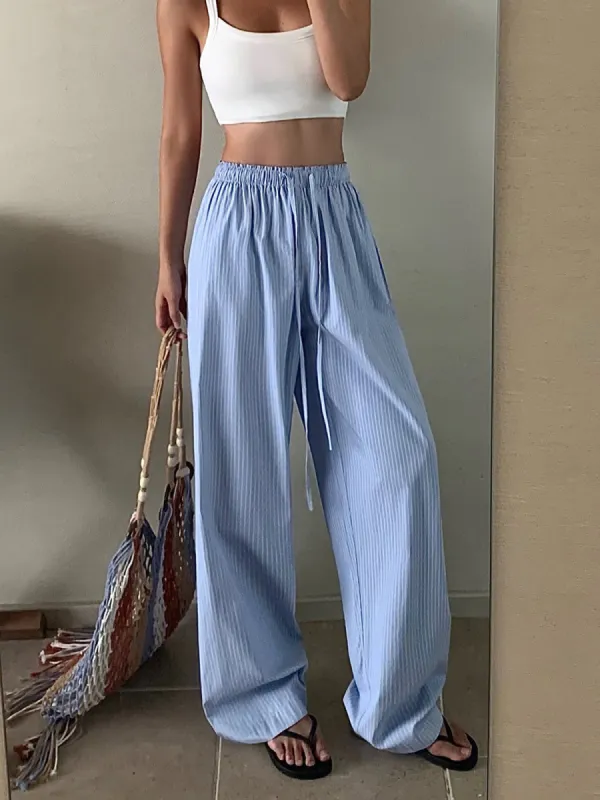 Pinstripe Drawstring Wide-Leg Pants sold by COMMENSE
