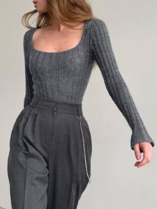Square Neck Long Sleeve Knit Top sold by COMMENSE