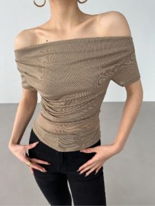 Off Shoulder Ruched Short Sleeve Shirt sold by COMMENSE