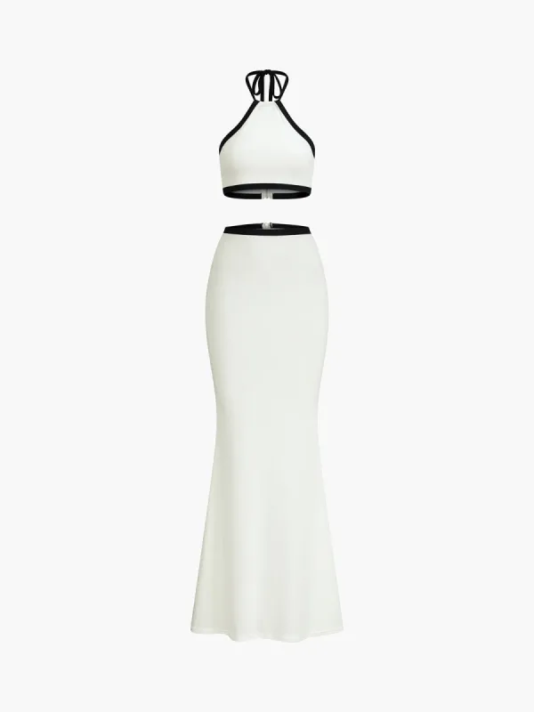 Contrast Trim Knotted Halter Mermaid Split Skirt Set sold by COMMENSE