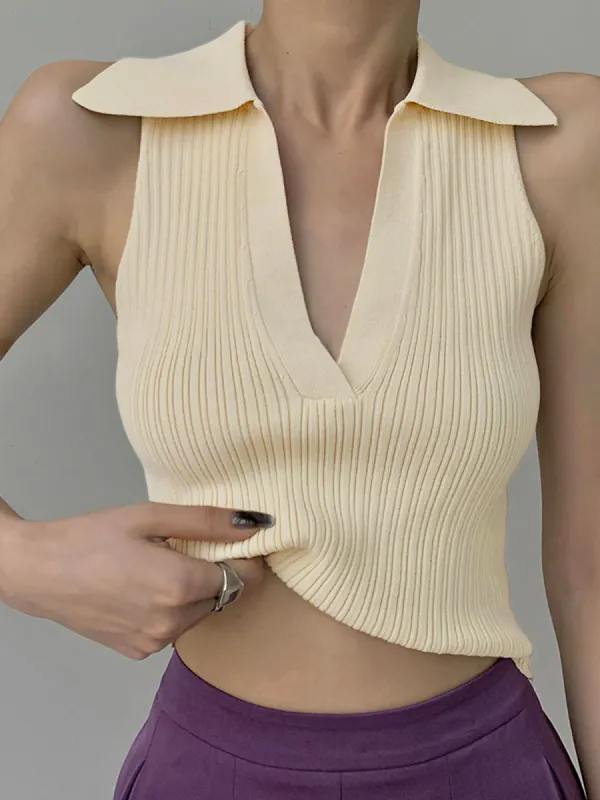 Ribbed V-Neck Collared Tank Top sold by COMMENSE
