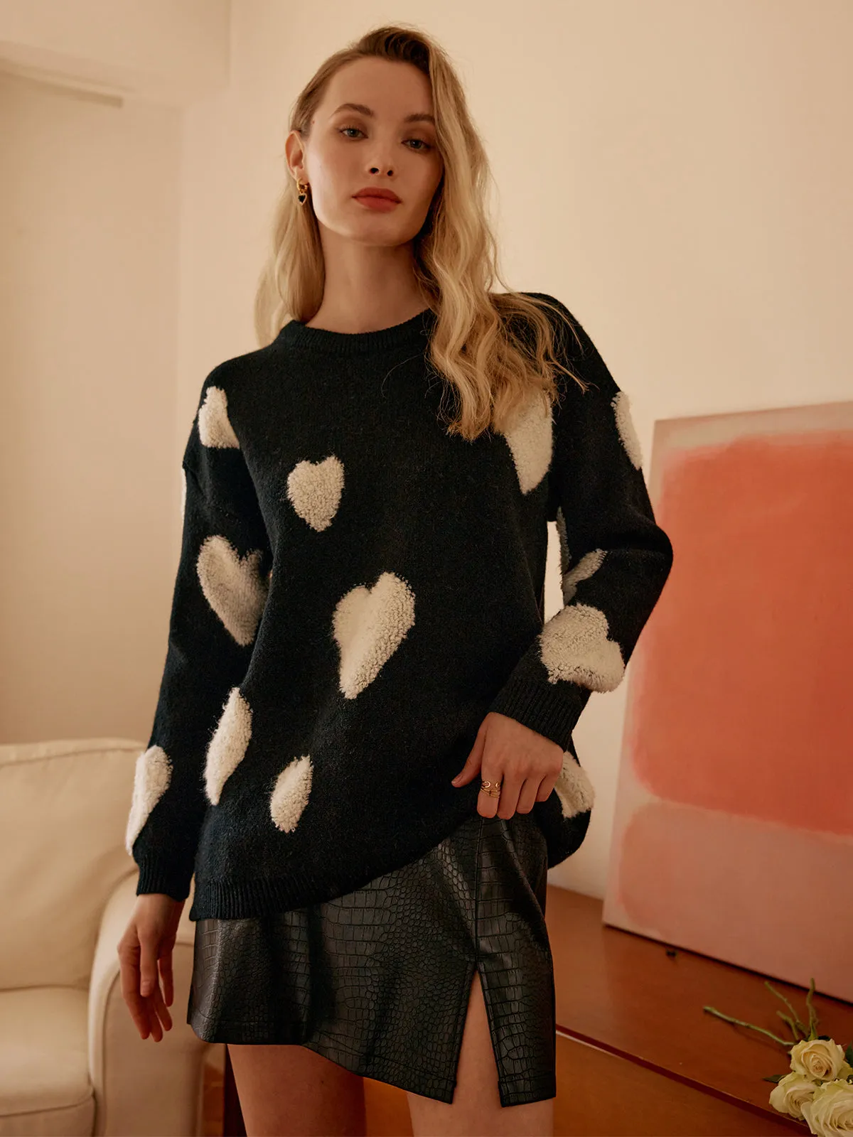 Knit Heart Pattern Crew Neck Sweater sold by COMMENSE