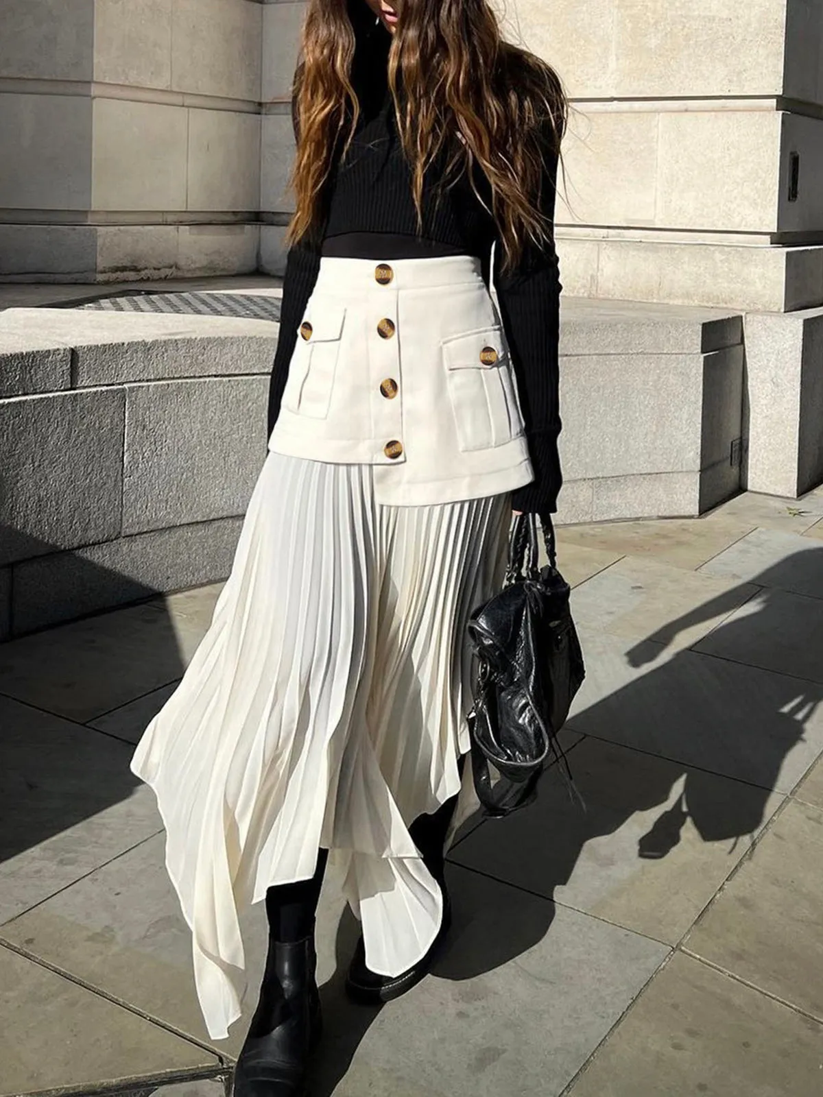 Patchwork Asymmetrical Pleated Buttoned Midi Skirt sold by COMMENSE product image thumbnail 2