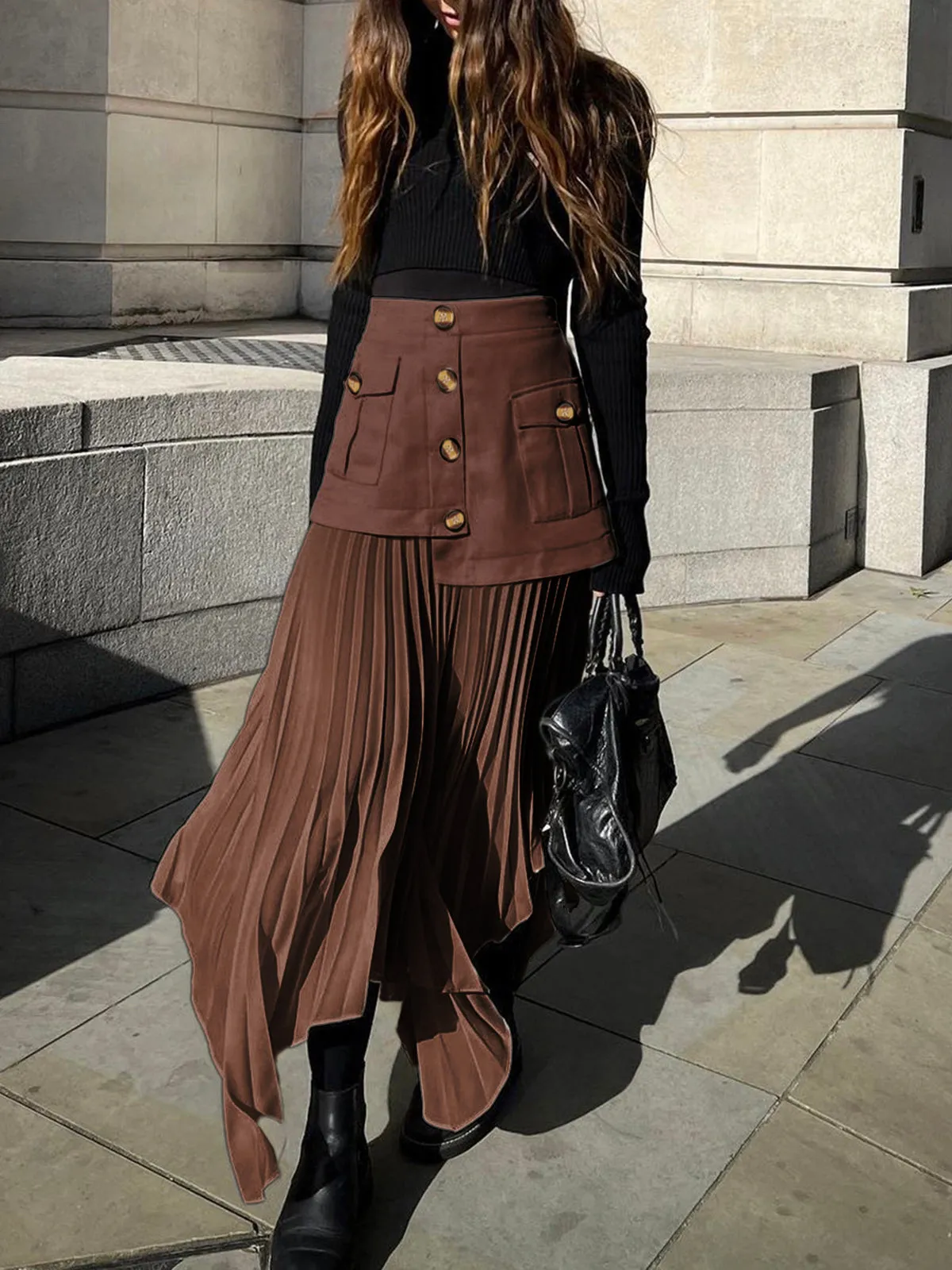 Patchwork Asymmetrical Pleated Buttoned Midi Skirt sold by COMMENSE product image thumbnail 3