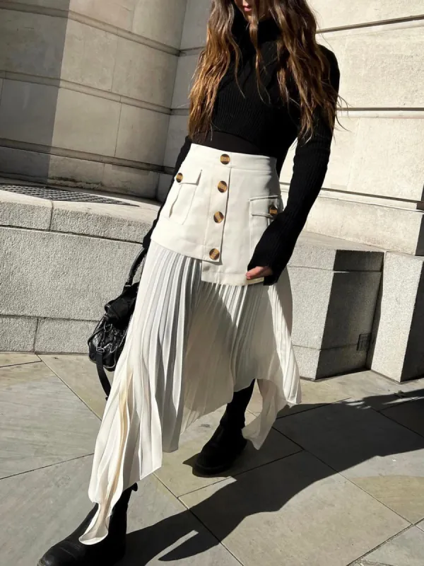 Patchwork Asymmetrical Pleated Buttoned Midi Skirt sold by COMMENSE