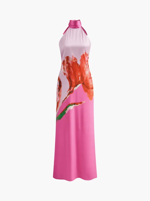 Satin Floral Halter Backless Dress sold by COMMENSE