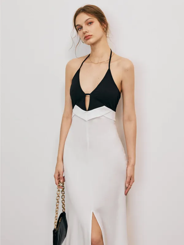 Two-Tone Backless Split Long Dress sold by COMMENSE