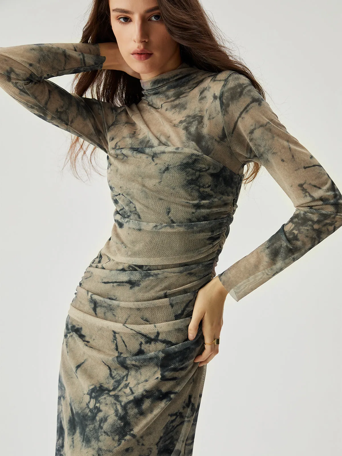 Mesh Floral Print Ruched Long Sleeve Long Dress sold by COMMENSE product image thumbnail 3