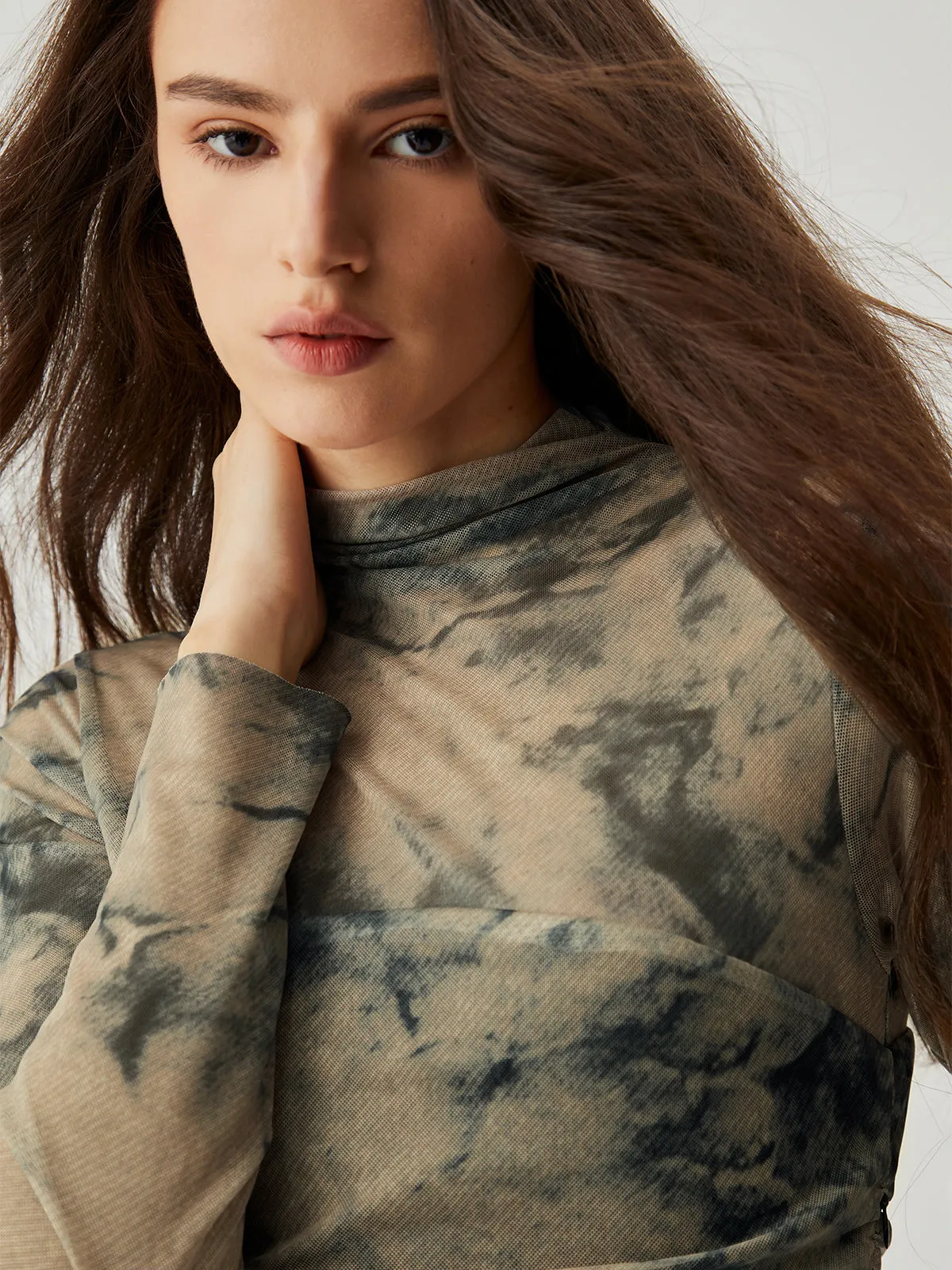 Mesh Floral Print Ruched Long Sleeve Long Dress sold by COMMENSE product image thumbnail 4