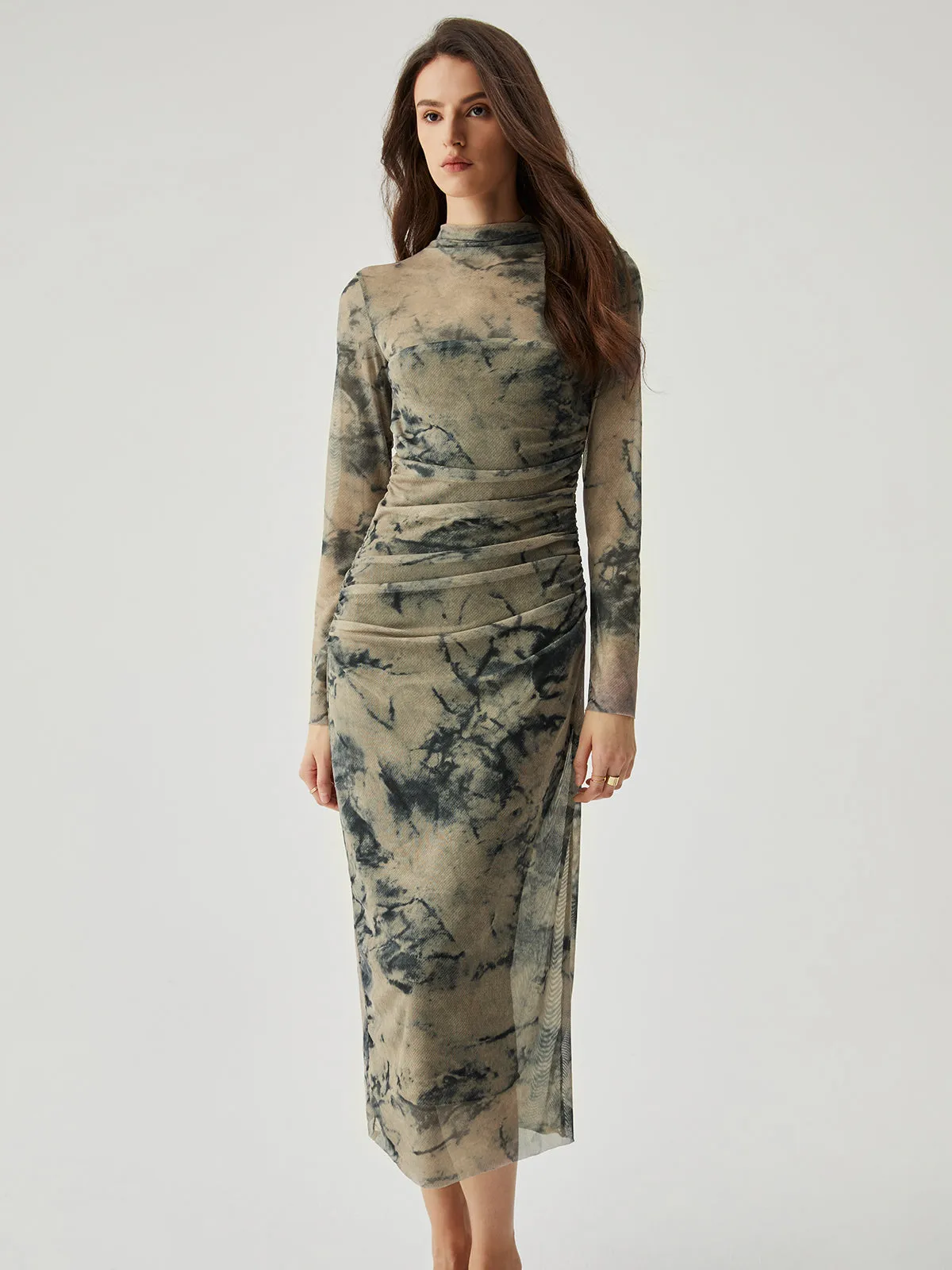 Mesh Floral Print Ruched Long Sleeve Long Dress sold by COMMENSE