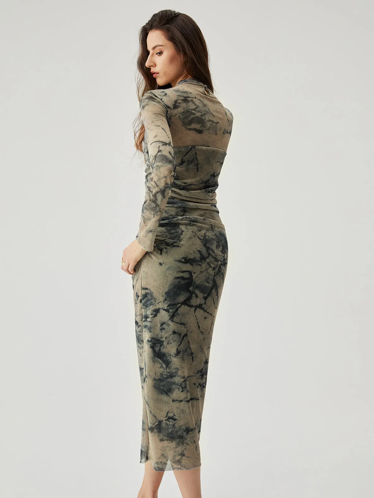 Mesh Floral Print Ruched Long Sleeve Long Dress sold by COMMENSE product image thumbnail 5