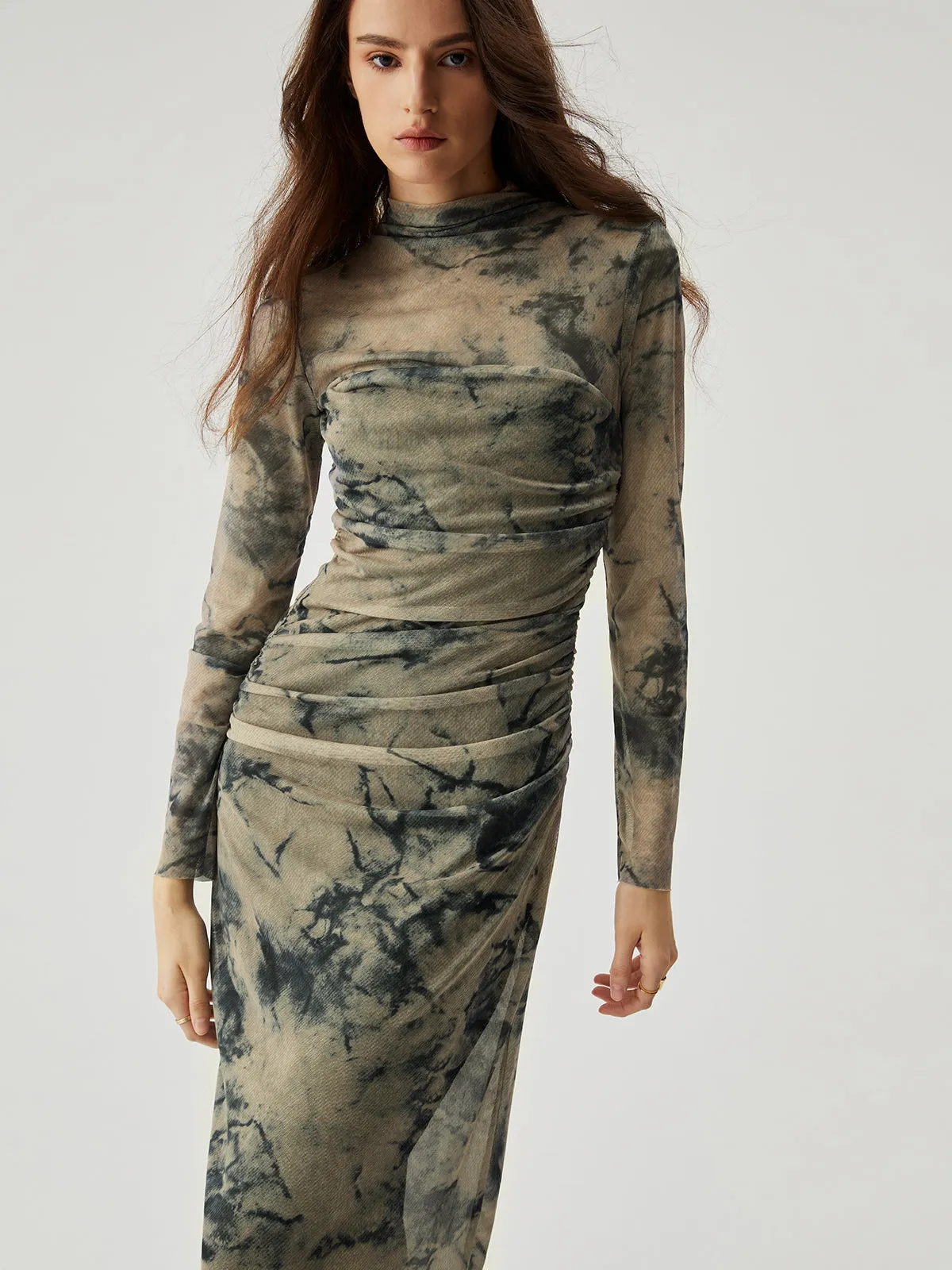 Mesh Floral Print Ruched Long Sleeve Long Dress sold by COMMENSE product image thumbnail 2