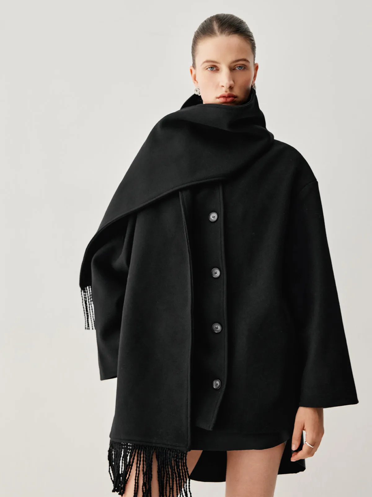 Oversized Button-down Wool Coat with Matching Fringed Scarf sold by COMMENSE product image thumbnail 4