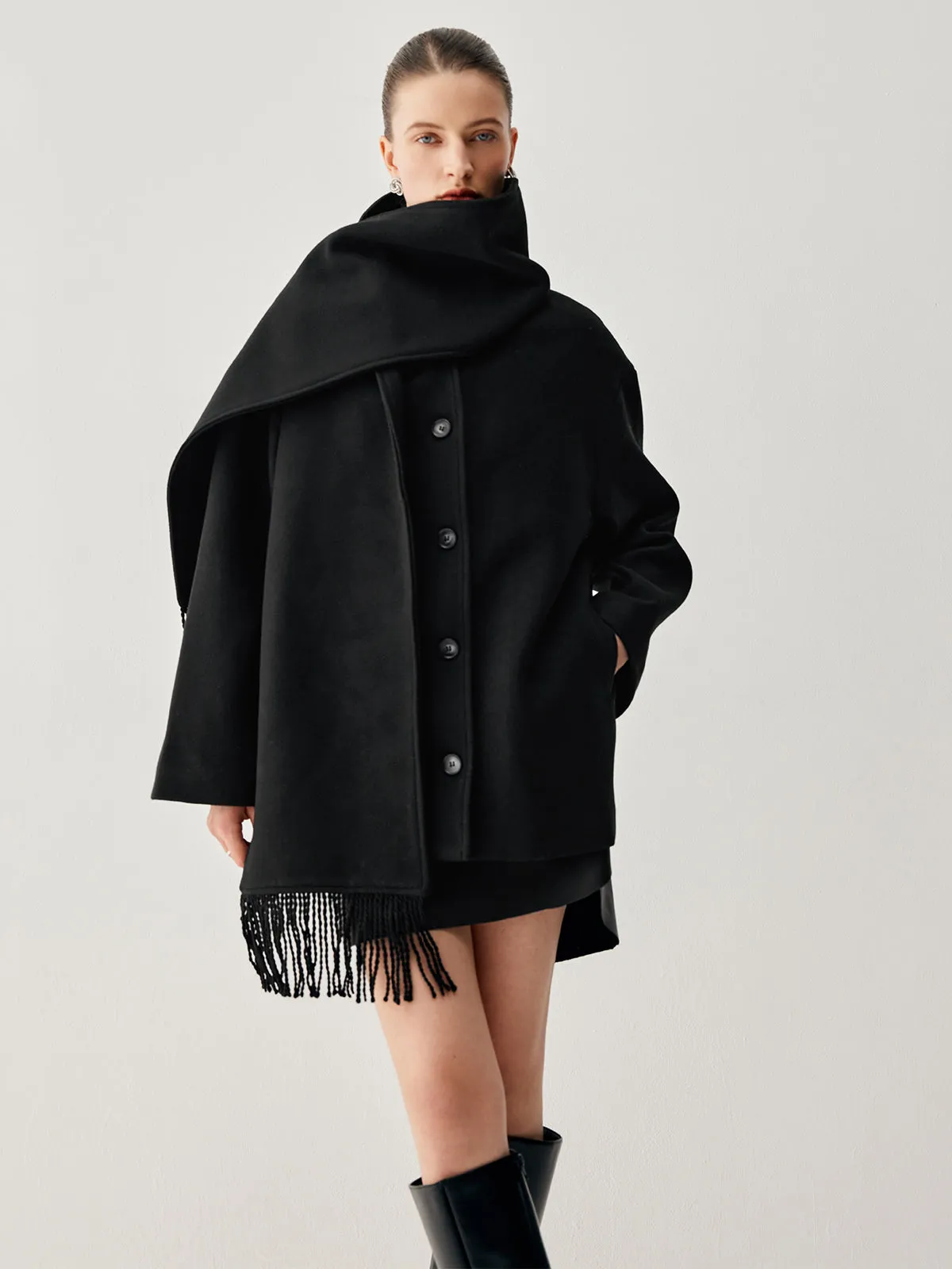 Oversized Button-down Wool Coat with Matching Fringed Scarf sold by COMMENSE