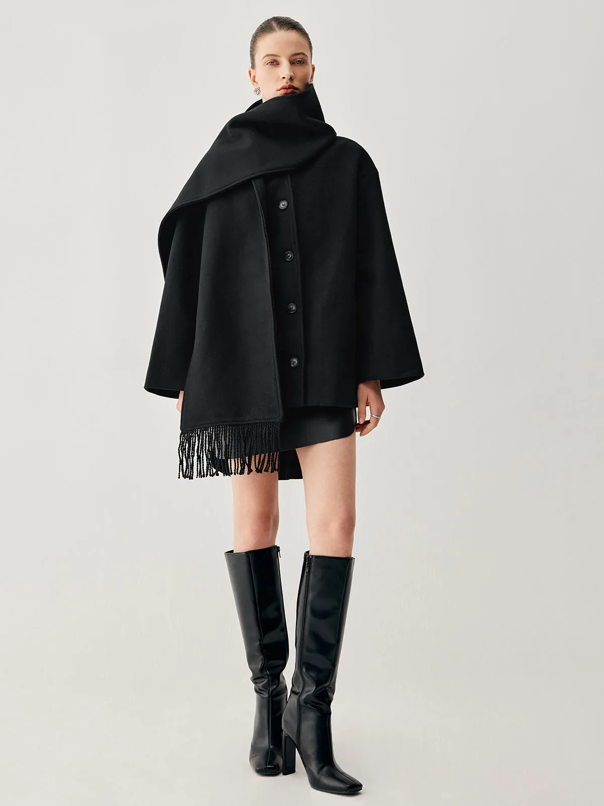 Oversized Button-down Wool Coat with Matching Fringed Scarf sold by COMMENSE product image thumbnail 5