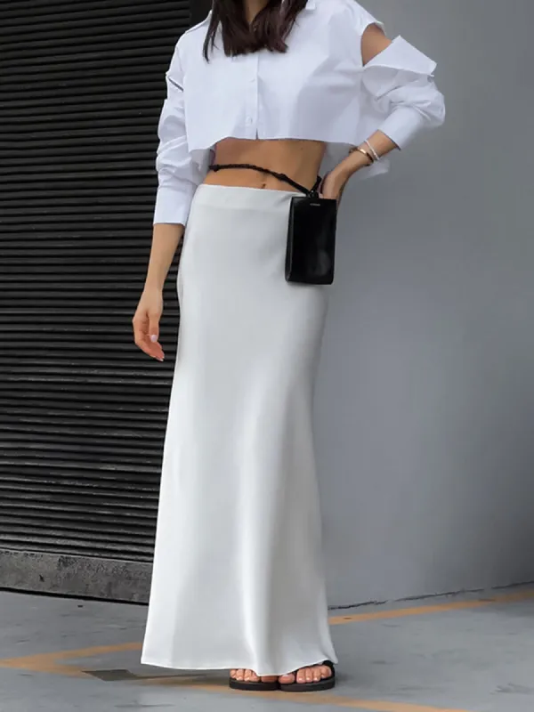 Ivory Glow Satin Maxi Skirt sold by COMMENSE