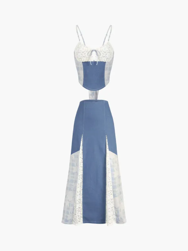 Patchwork Denim Floral Lace Two Piece Skirt Set sold by COMMENSE
