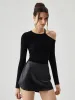 Asymmetric Cold Shoulder Cut-out Long Sleeve Top sold by COMMENSE