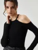 Asymmetric Cold Shoulder Cut-out Long Sleeve Top sold by COMMENSE