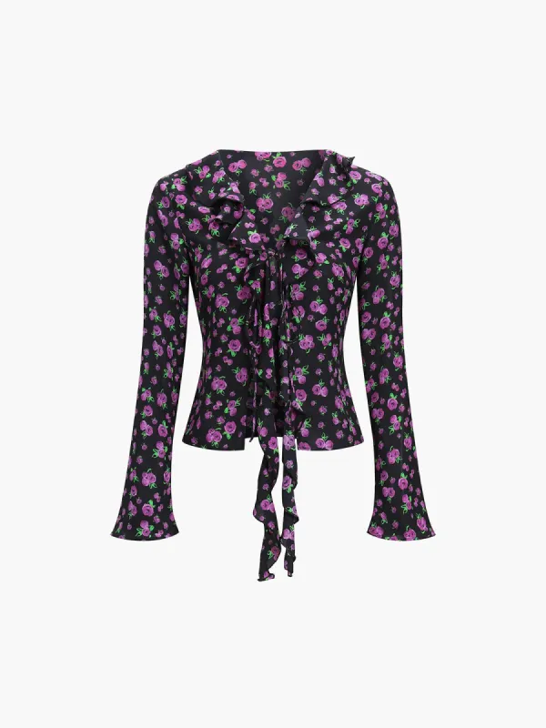 Rosa Rugosa Floral Ruffle Tied Blouse sold by COMMENSE