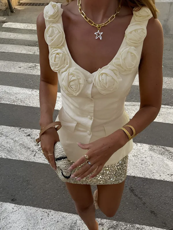 Rosette Button Tank Top sold by COMMENSE