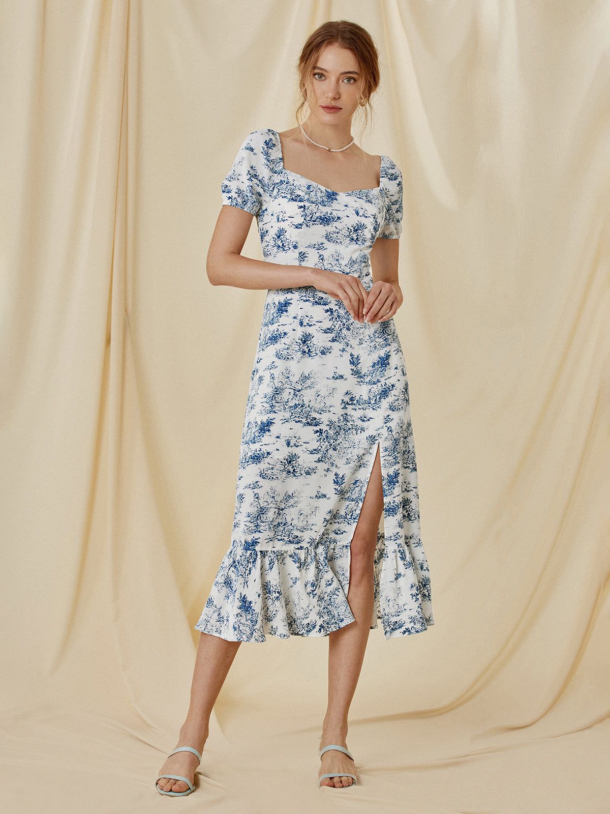 Uncomplicated Afternoons Toile Floral Slit Midi Dress sold by COMMENSE product image thumbnail 3