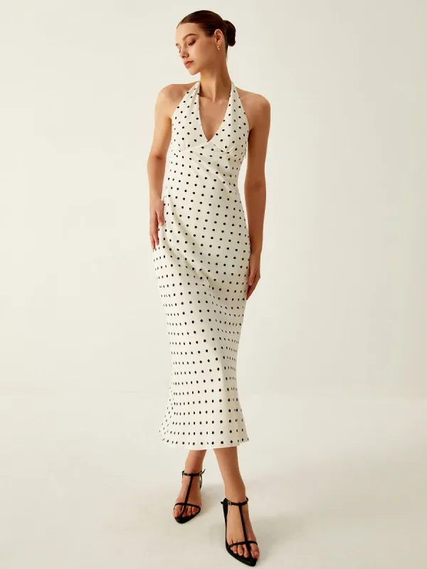 Polka Dot Print V-Neck Halter Midi Dress sold by COMMENSE
