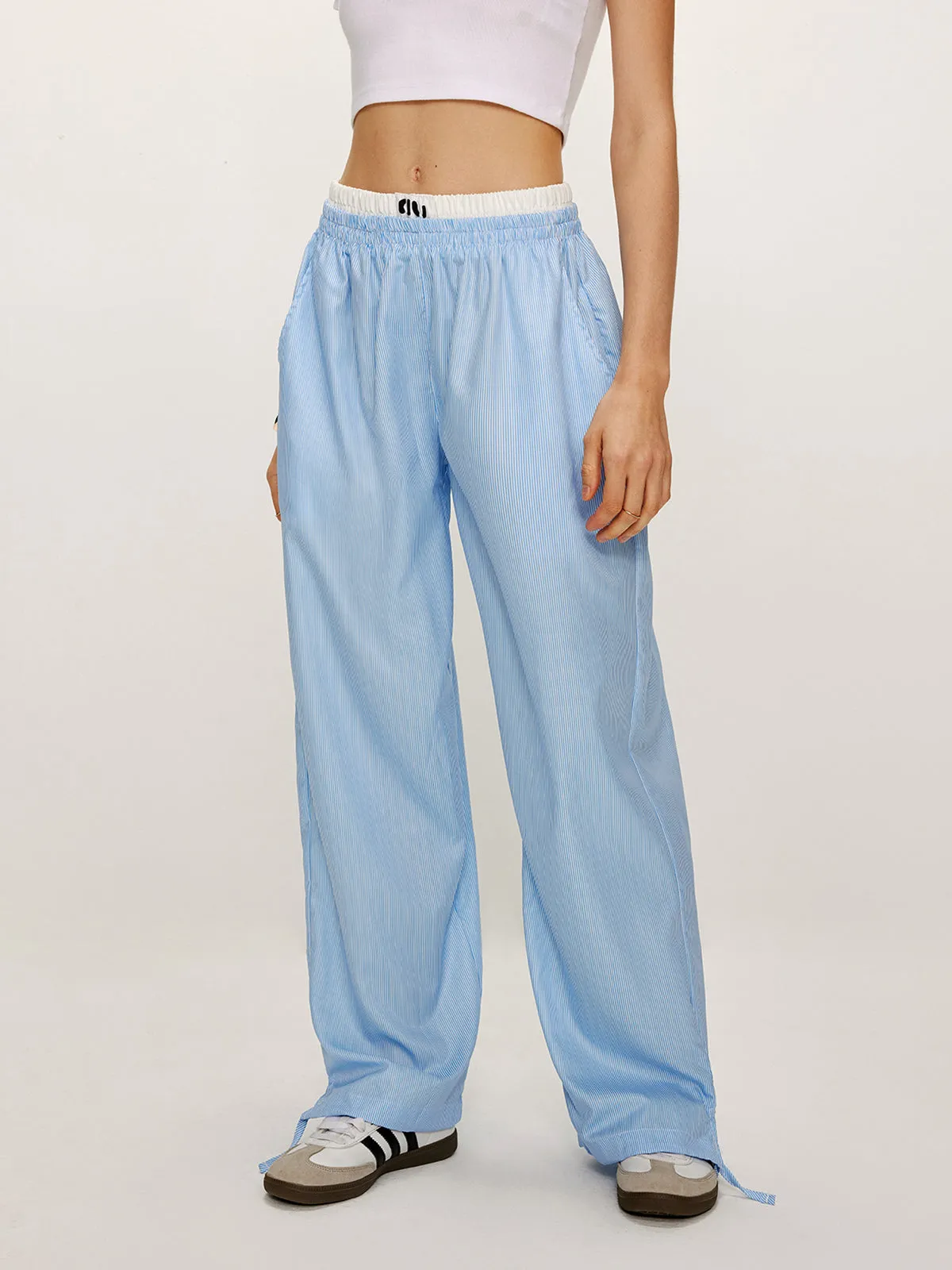 Patchwork Pinstripe Wide-Leg Pants sold by COMMENSE product image thumbnail 4