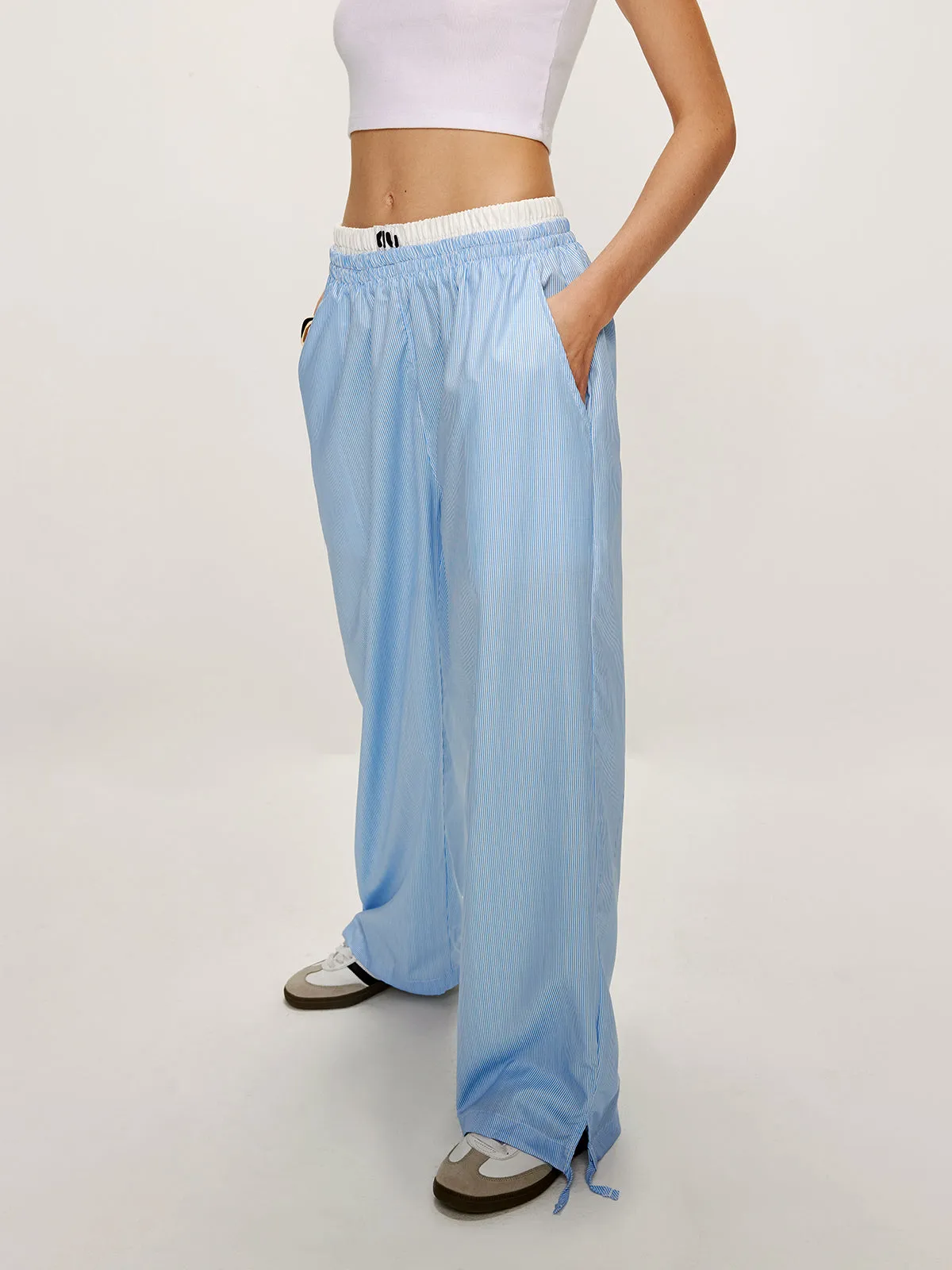 Patchwork Pinstripe Wide-Leg Pants sold by COMMENSE product image thumbnail 5