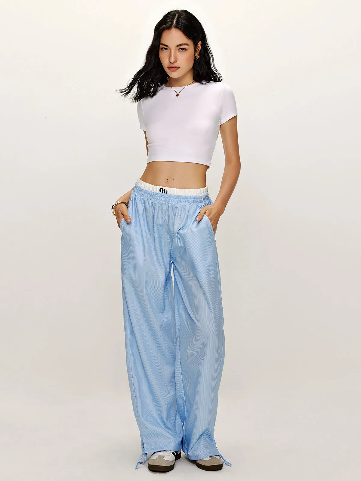 Patchwork Pinstripe Wide-Leg Pants sold by COMMENSE product image thumbnail 2