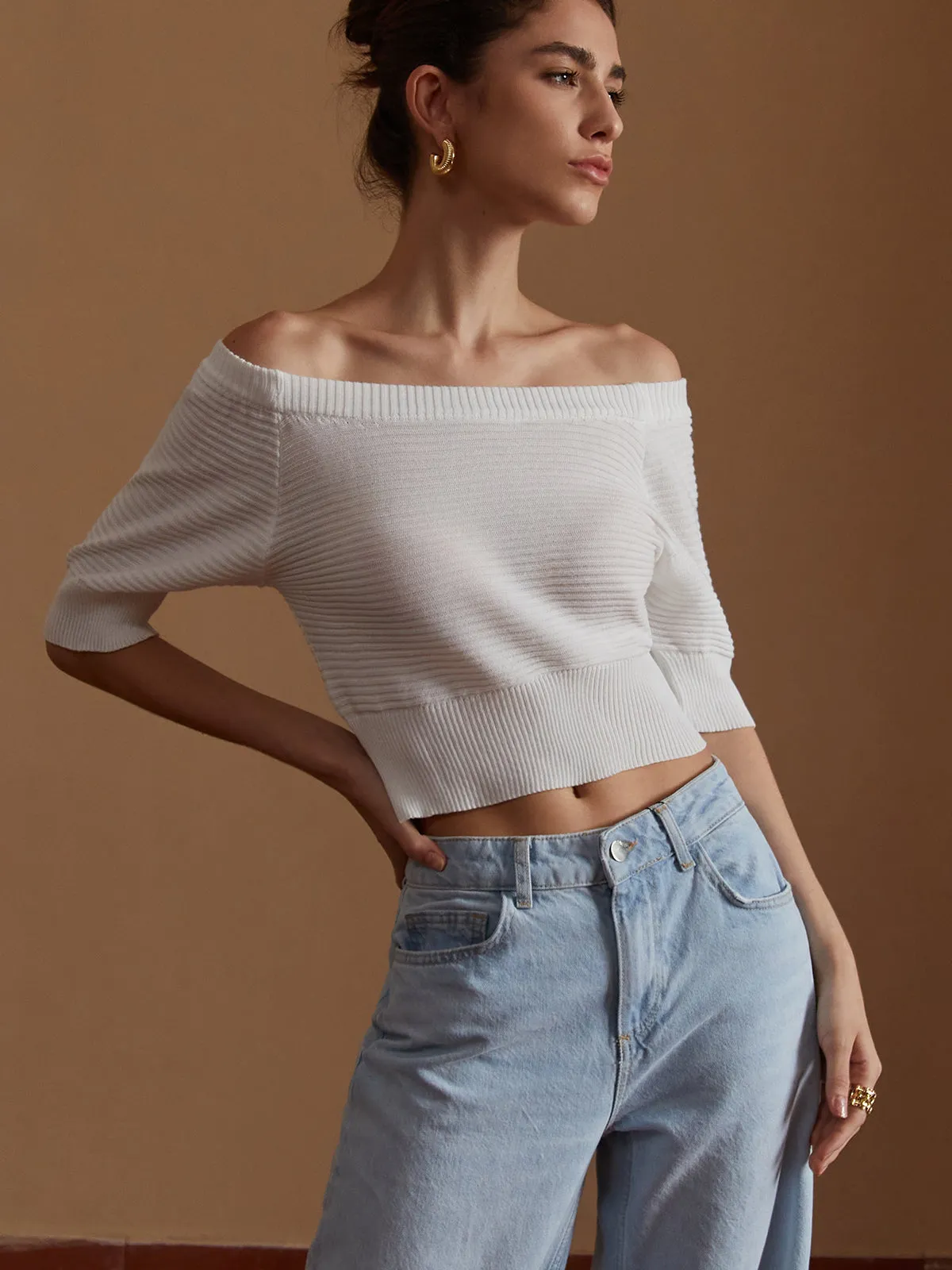 Solid Off-Shoulder Knit Top sold by COMMENSE product image thumbnail 3