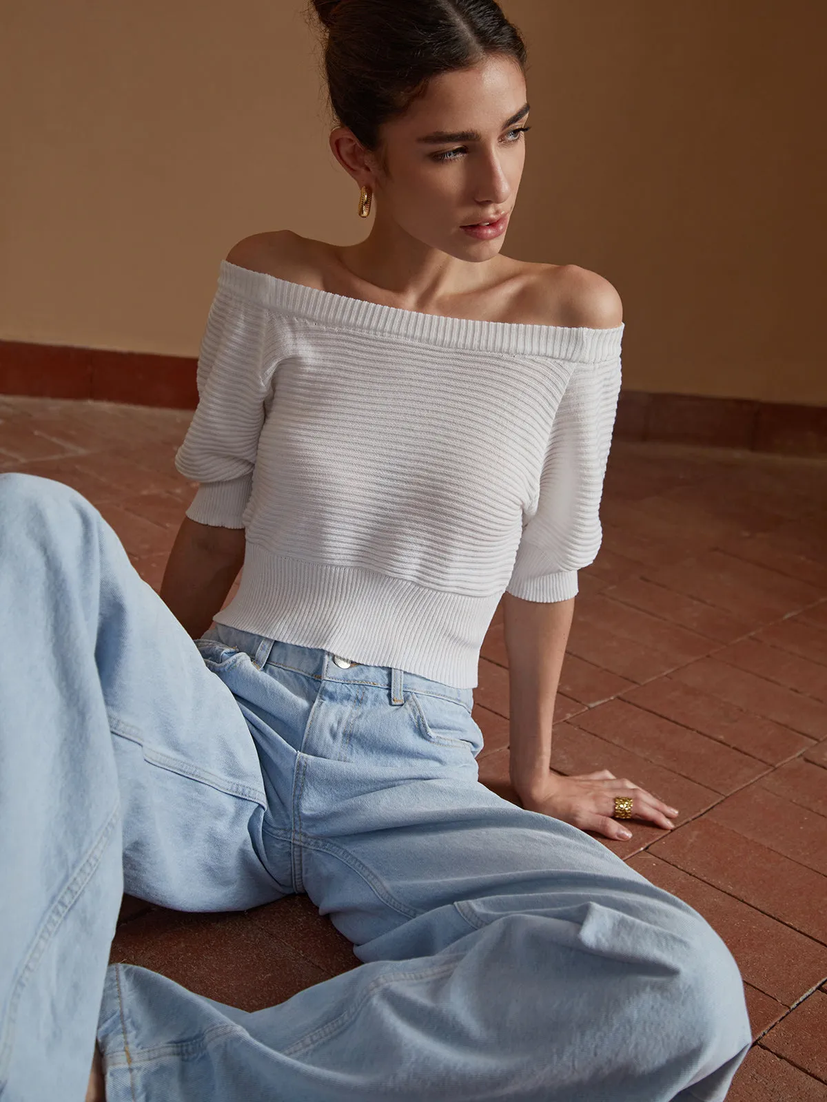 Solid Off-Shoulder Knit Top sold by COMMENSE