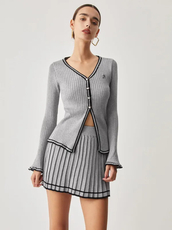 Contrast Trim Curved Cardigan With Matching Pleat Mini Skirt sold by COMMENSE