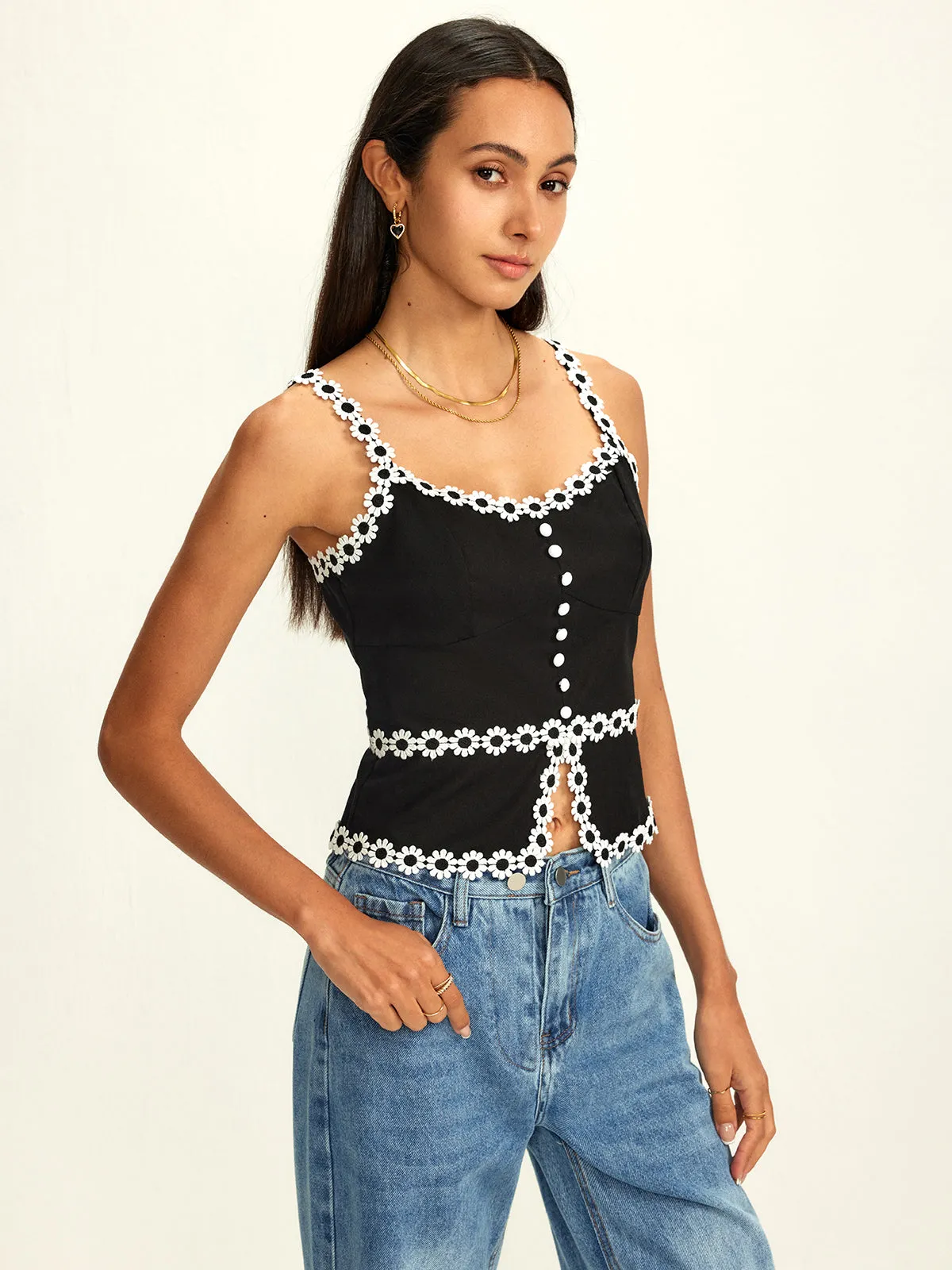 Cotton & Linen Daisy Trim Split Cami Top sold by COMMENSE product image thumbnail 4