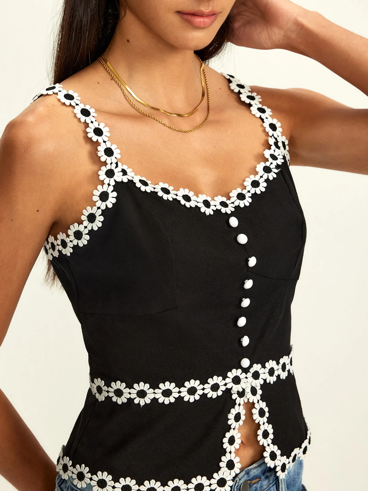 Cotton & Linen Daisy Trim Split Cami Top sold by COMMENSE